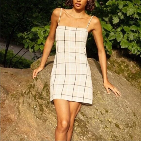Aritzia Wilfred Modern Mini Dress- Neutral Plaid Mini Dress- Size 0 - Picture 1 of 13